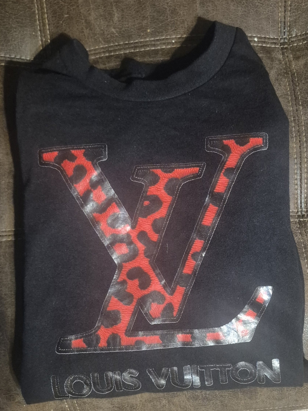 Louis Vuitton Kids Black Tee with Red Leopard LV Patch